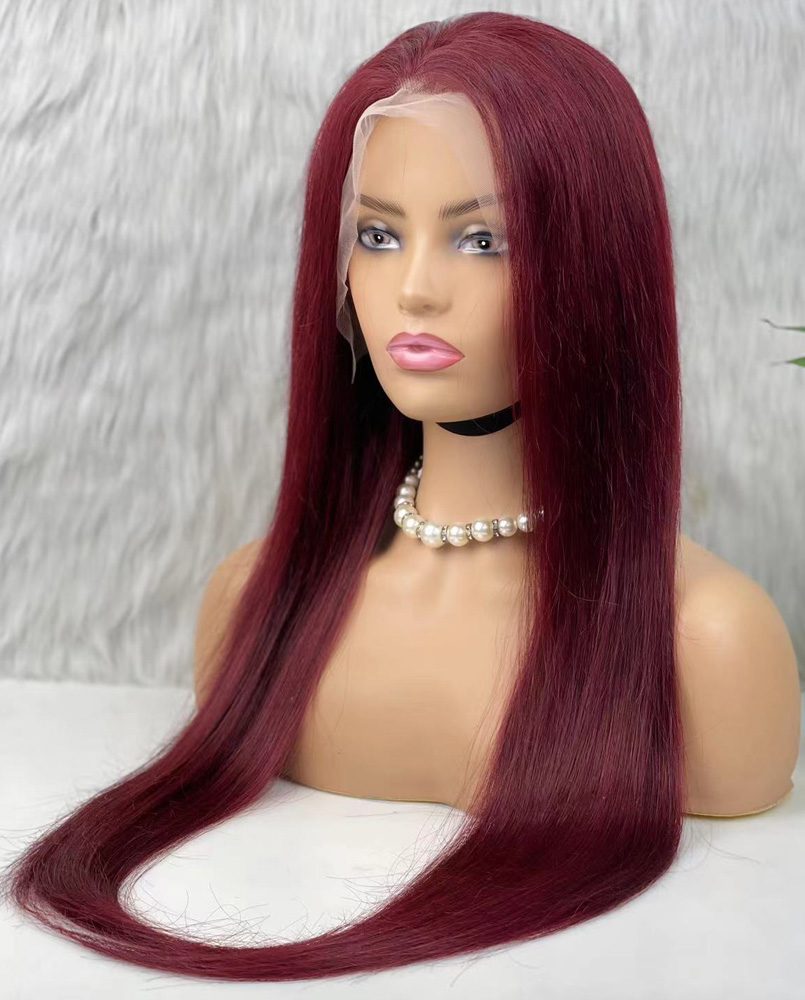 Real Hair Front Lace Tulle Wig / Straight / Dark Red 70/75cm