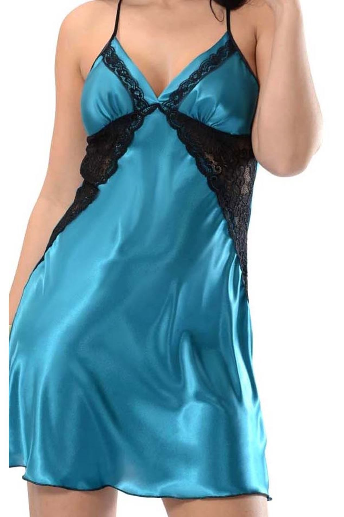 Petrol Green Lace Satin Nightgown