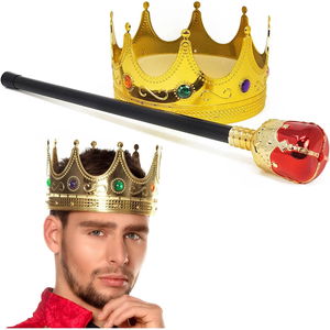 Gold Color 60 cm King Crown Royal Crown and King Scepter Set with Red Knob