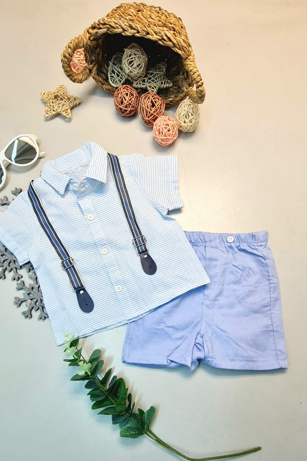 Baby Blue Shorts Shirt Summer Suit Classic Striped Shirt with Shoulder Straps - Turk