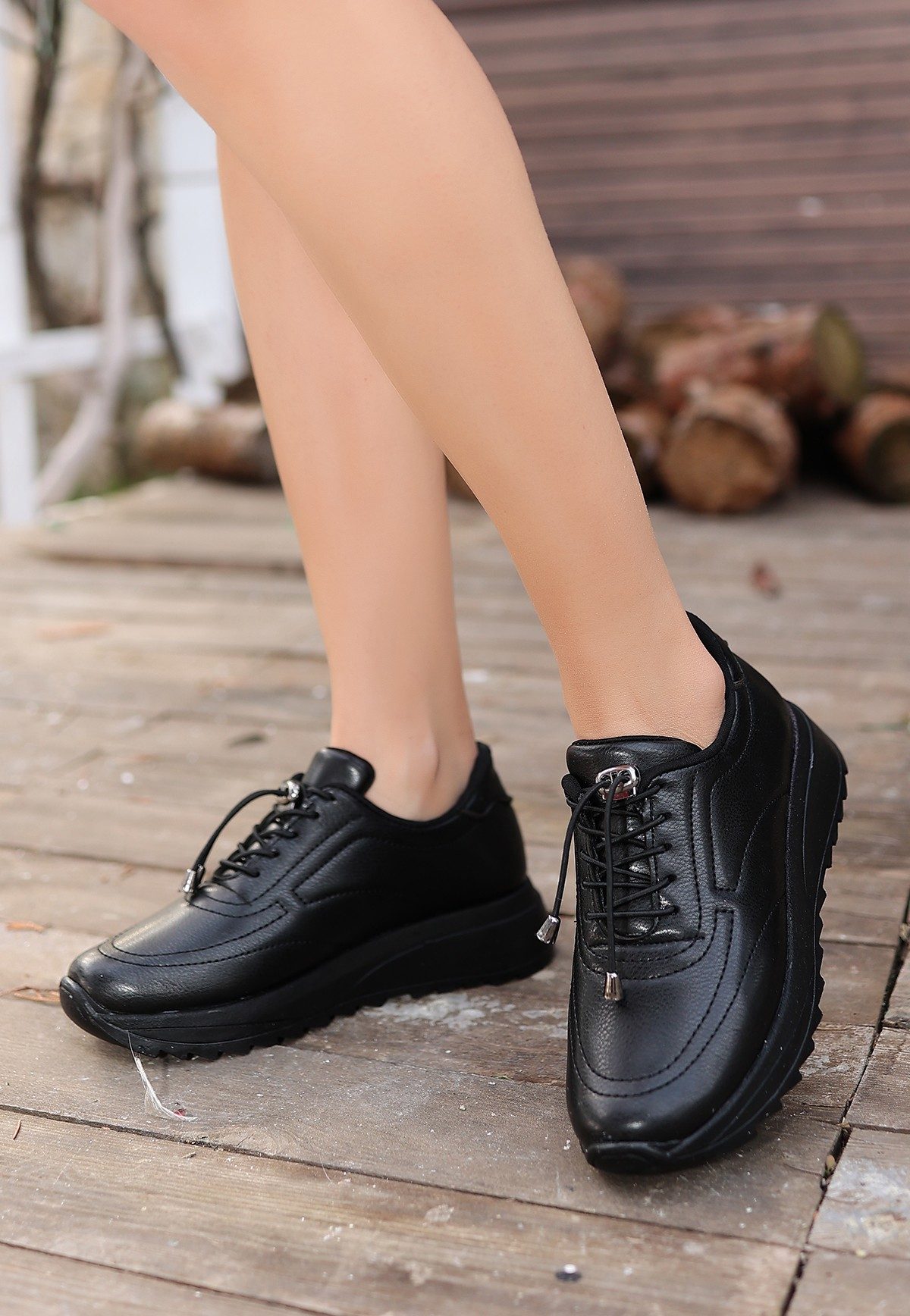 Black Skin Lace-Up Sneakers