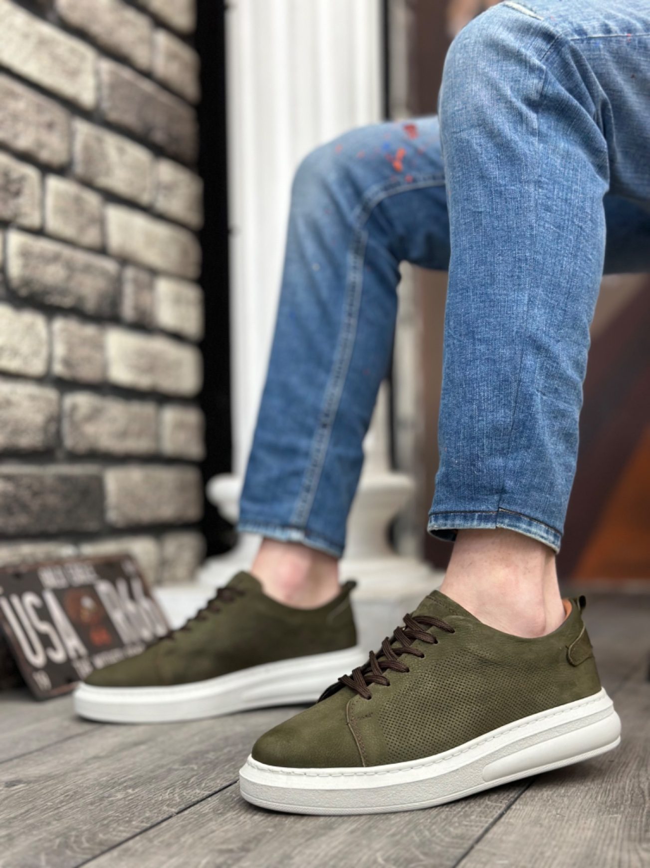 Inside Out Genuine Nubuck Leather Khaki Lace-up Casual Men's Shoes