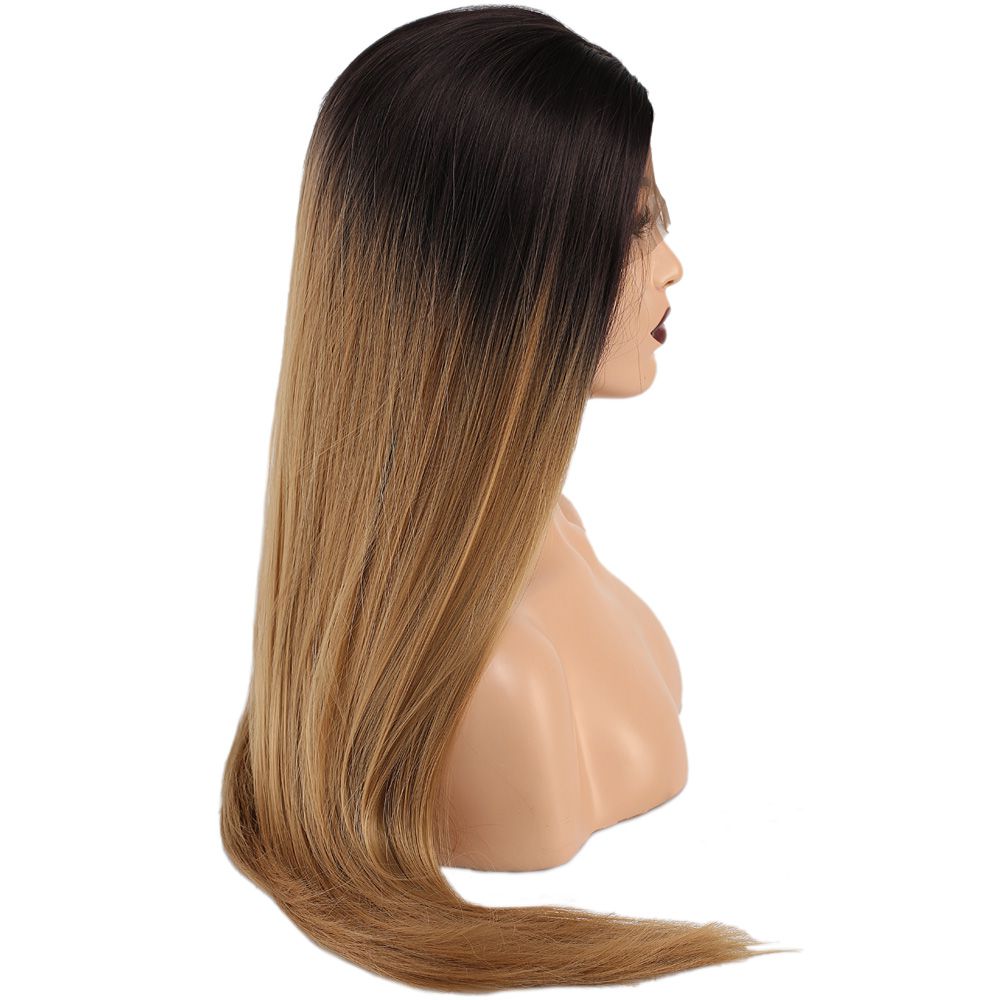 Kanekalon Fiber Synthetic Straight Long Tulle Wig / Black Caramel Medium Ombré