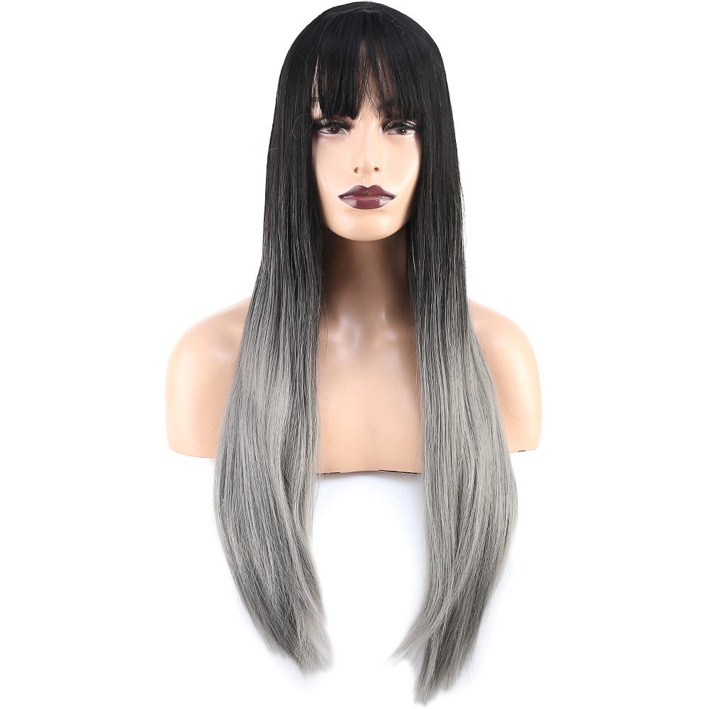 Long Kanekalon Fiber Synthetic Wig with Straight Custom Bangs / Black / Gray Ombré