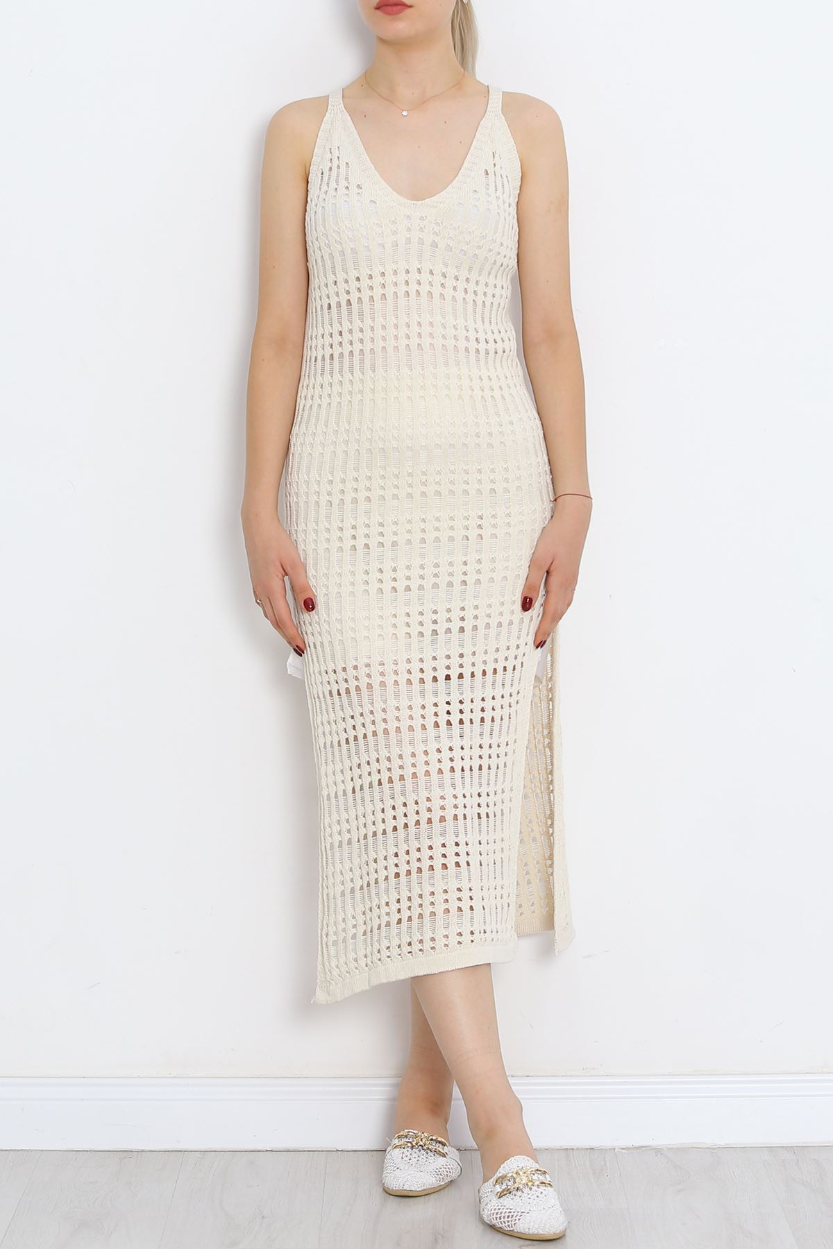 Knitwear Dress with Slits Beige