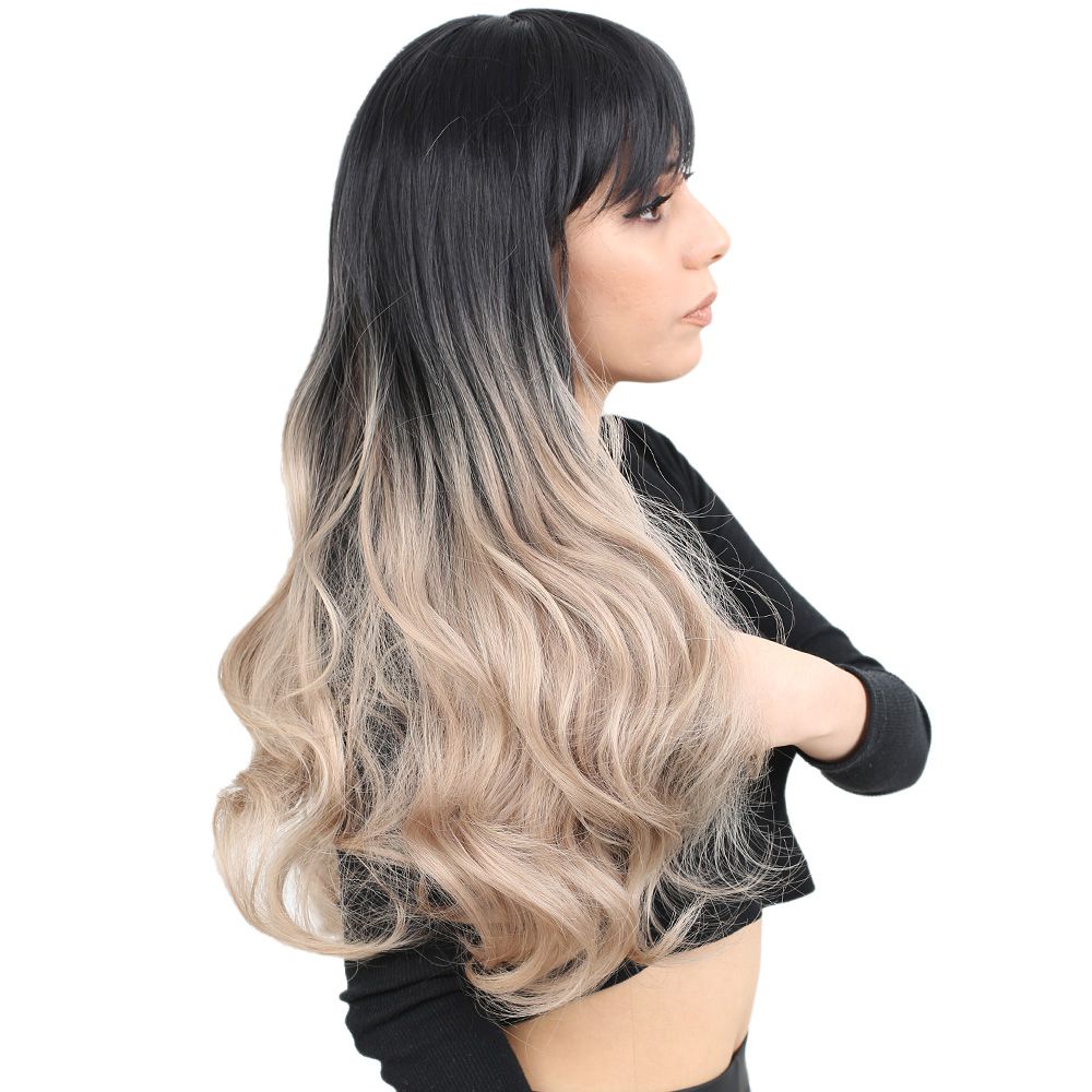 Long Wavy Kanekalon Fiber Synthetic Wig with Custom Bangs / Black / Ashy Baby Yellow Ombré