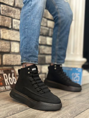 Men's High Sole Black Sport Boots with Hidden Laces