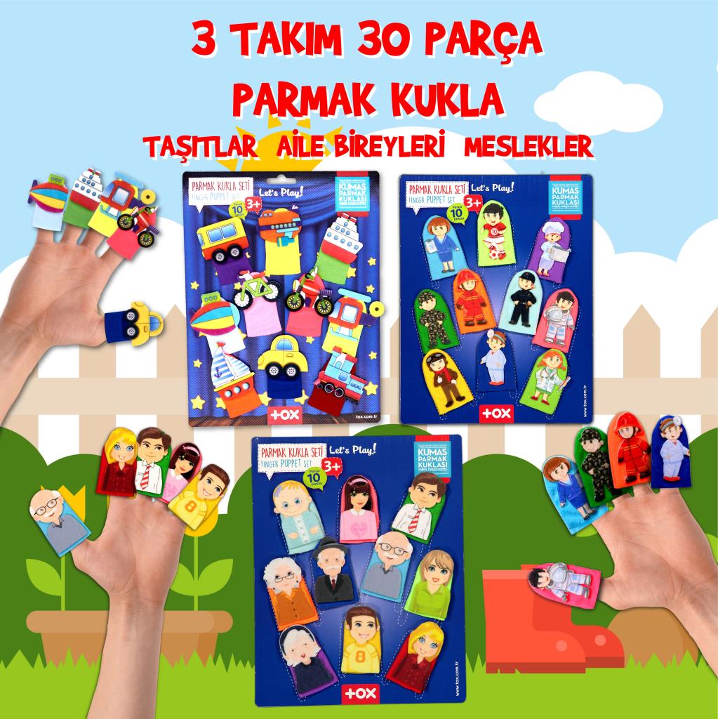 3 Set - 30 Pieces Vehicles, Family Members and Professions Finger Puppet