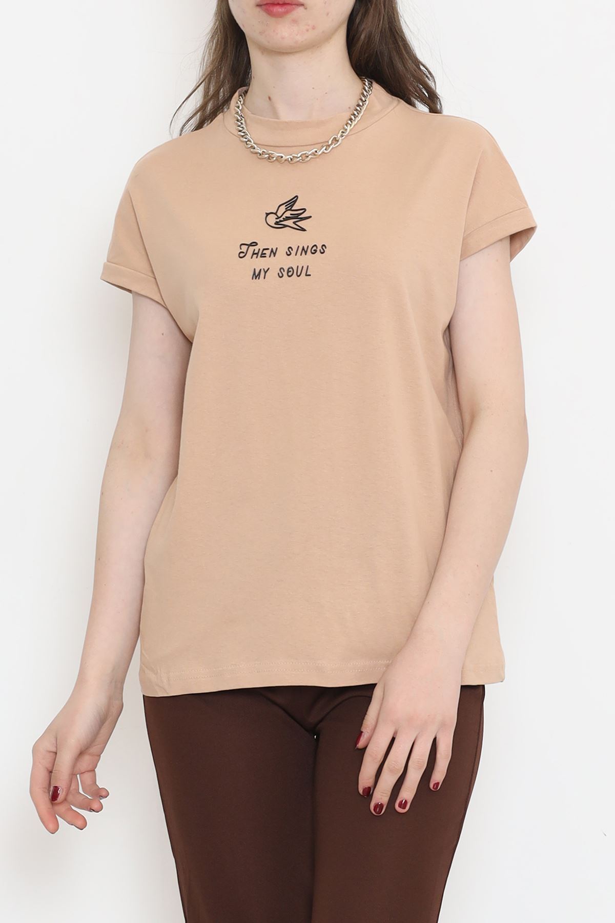 Jersey Printed Half Collar T-Shirt Beige