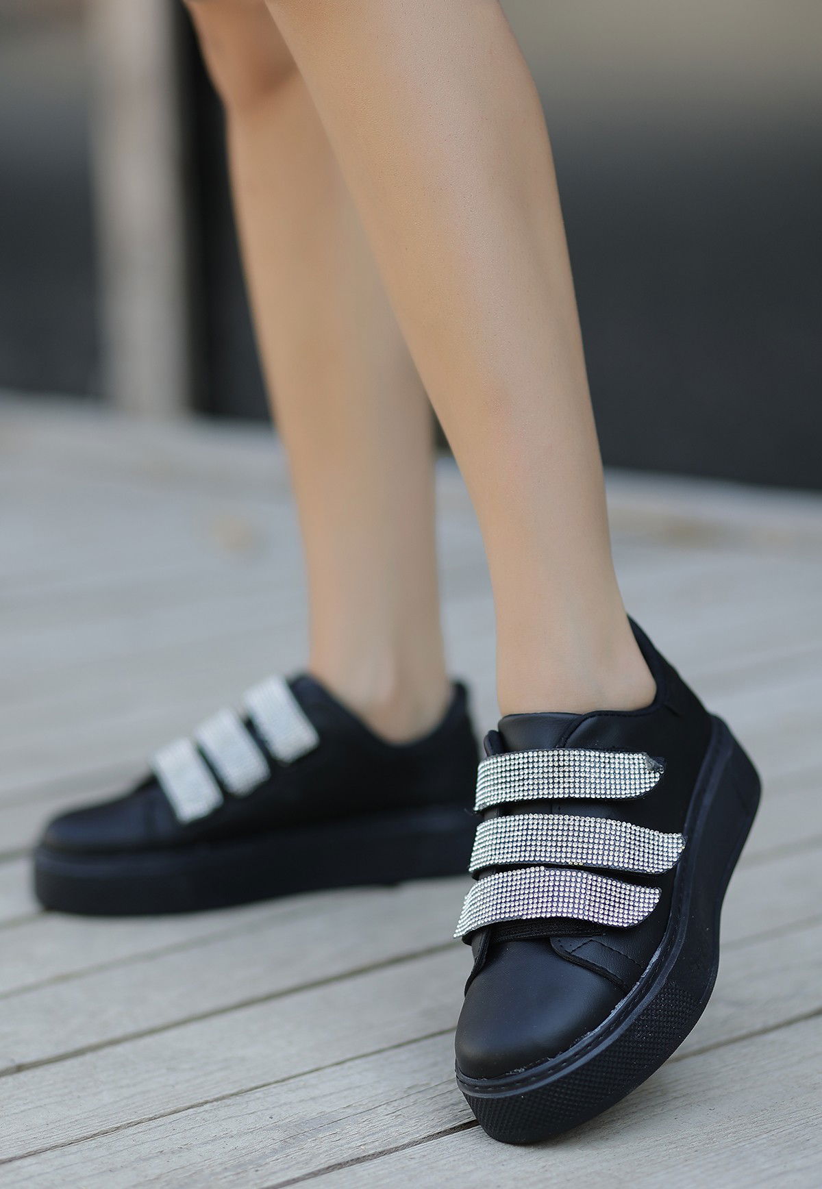 Black Skin Velcro Sneakers