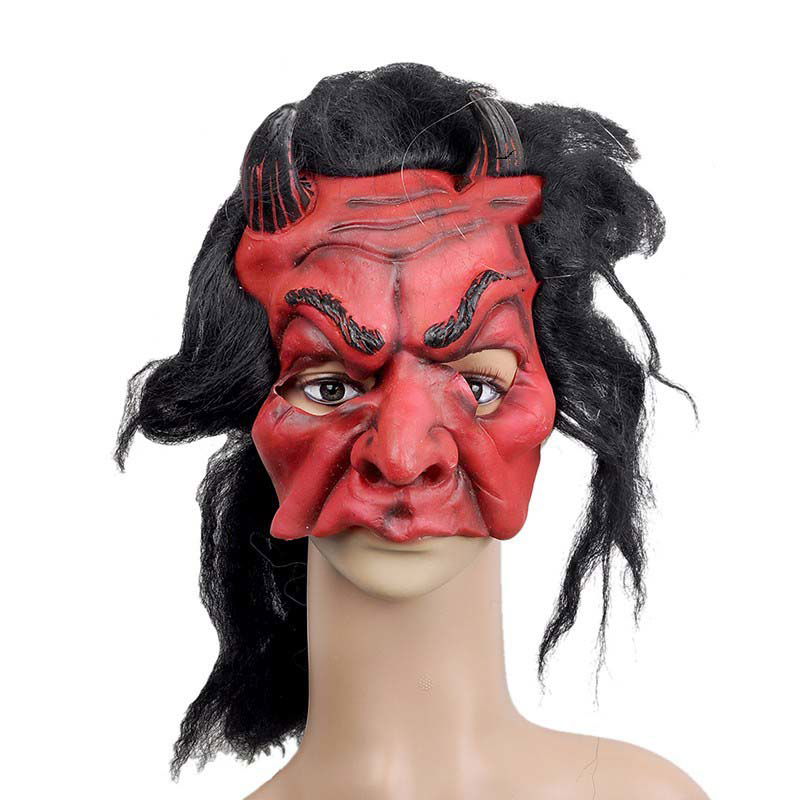 Latex Horror Mask Devil Horned Red Mask With Hair