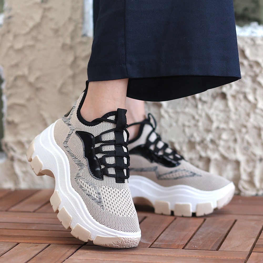 Beige Tricot Lace-up Sneakers