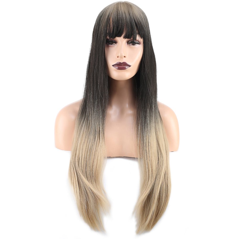 Long Kanekalon Fiber Synthetic Wig with Straight Custom Bangs / Ashy Black / Wig Ombré