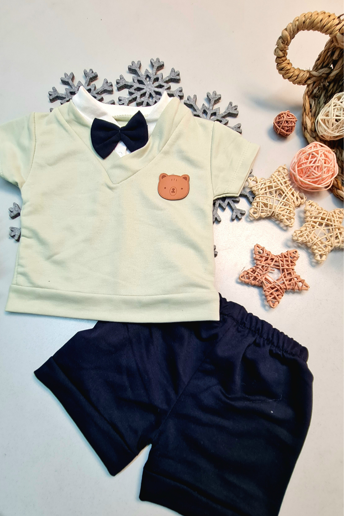 Baby Boy Bow Tie Short Sleeve Summer Stylish Top and Bottom Suit Cream