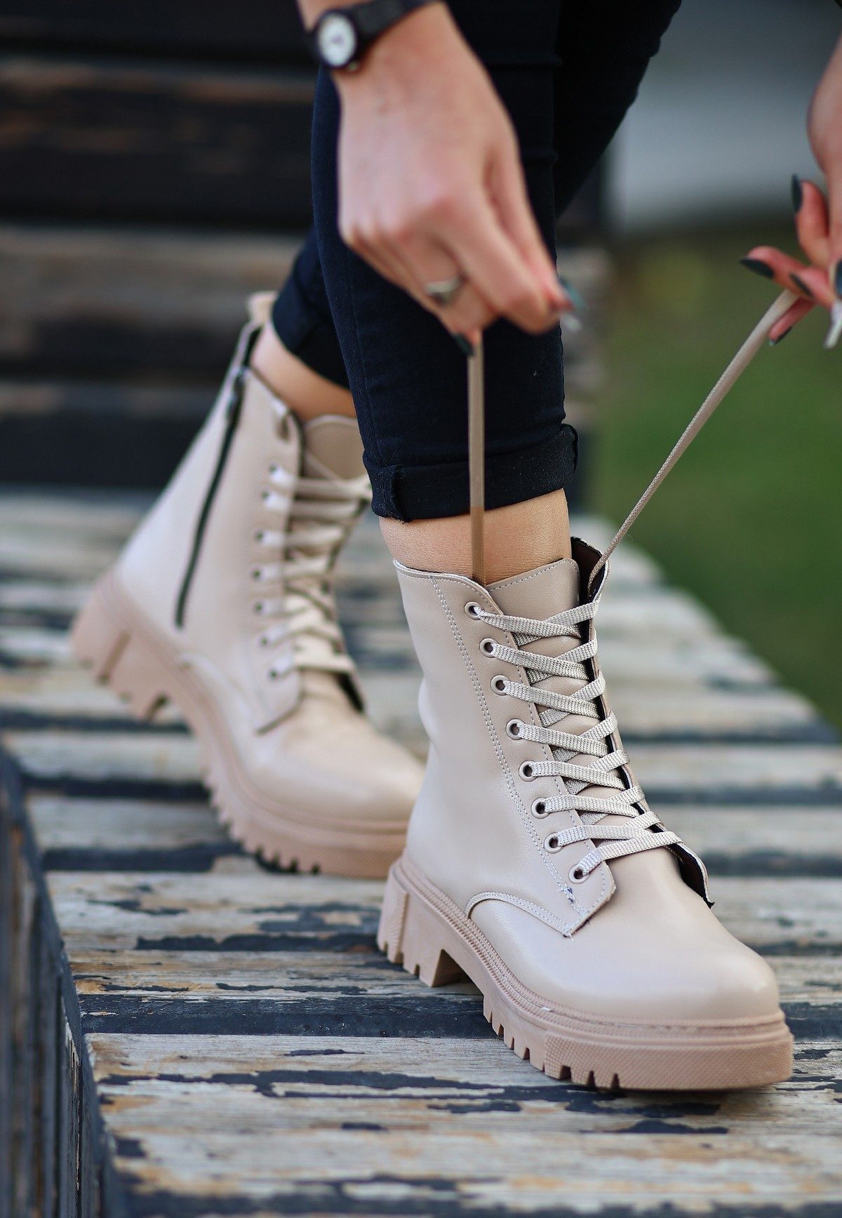 Nude Skin Lace-up Boots