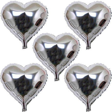 Heart Shaped Silver Color Foil Balloon 45 cm 5 Pieces