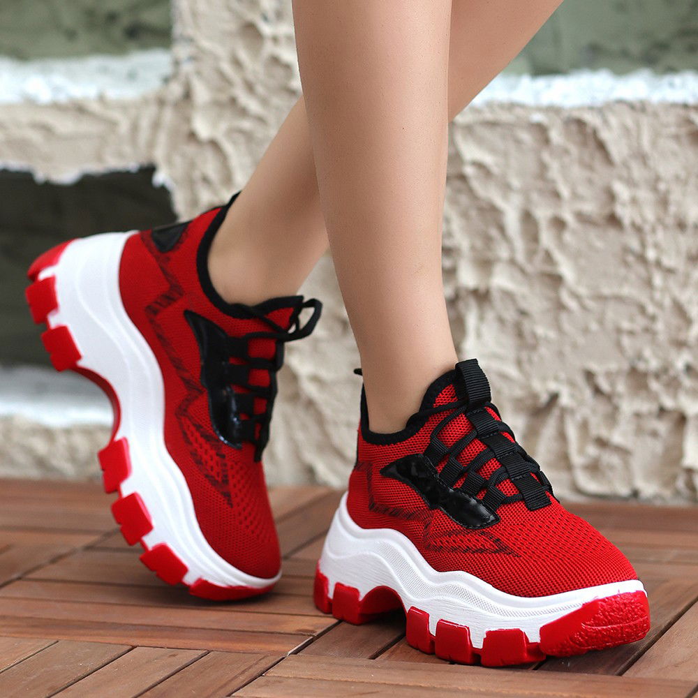 Red Tricot Lace-Up Sneakers