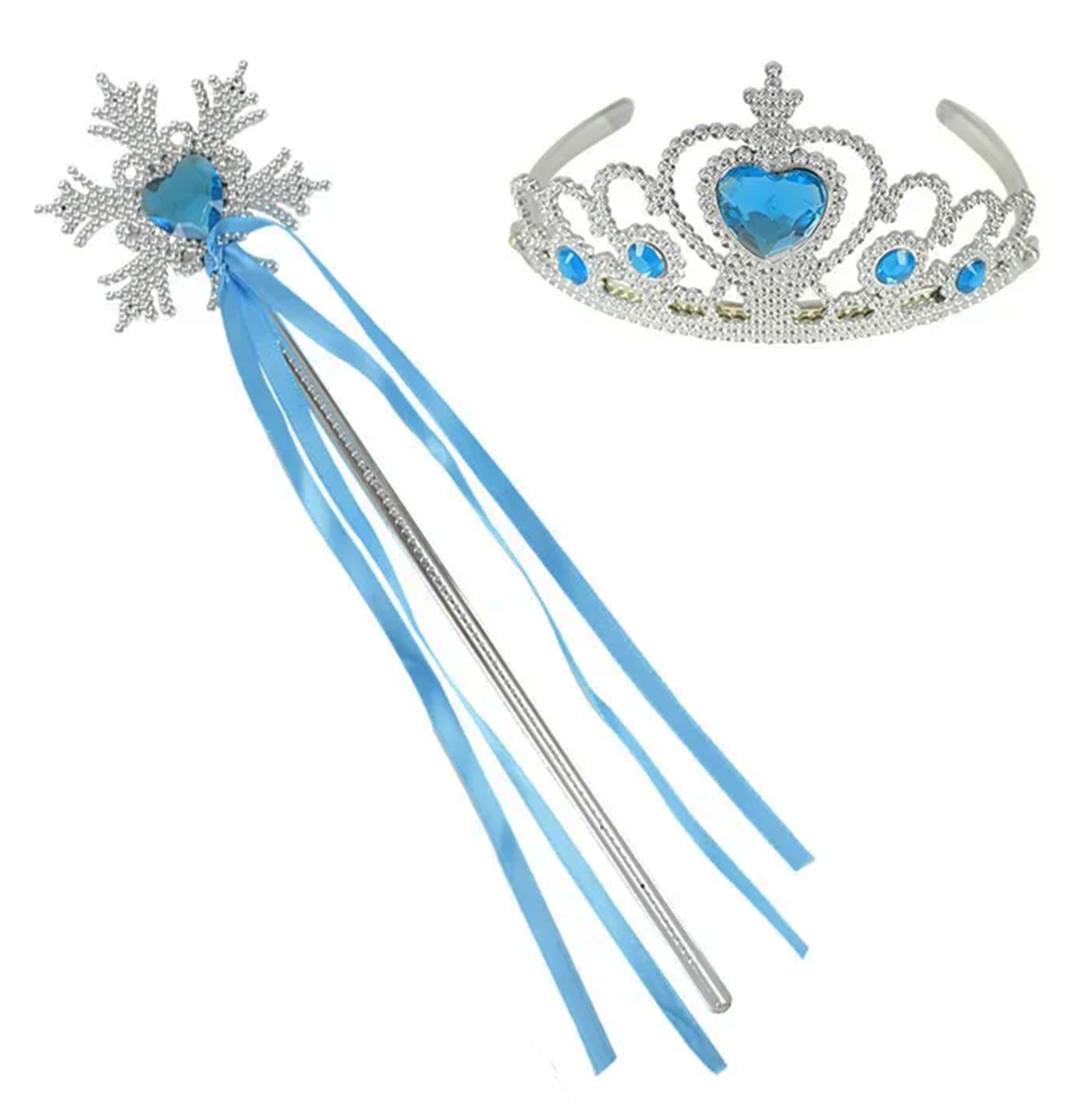 Frozen Elsa Blue Heart Crown and Snow Themed Wand Set