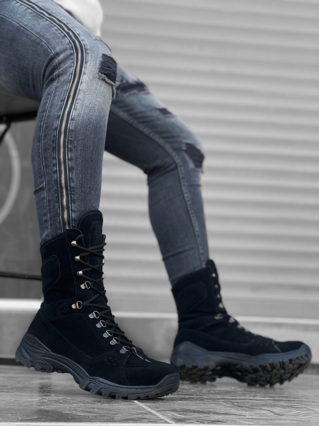 Lace-up Black Suede Military Boots