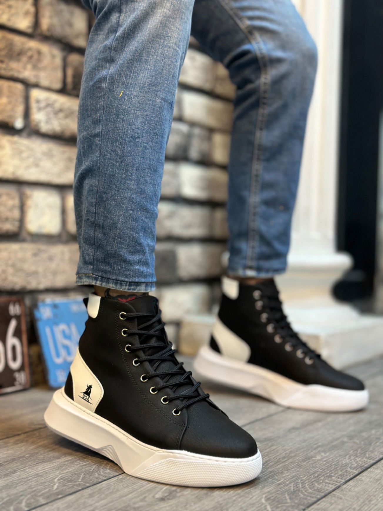 BA0155 Lace-up Men's High Sole Black White Black Sole Sport Boots