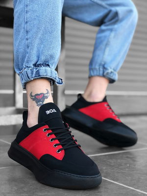 BA0163 Lace-up Men's High Sole Black Red Sneakers