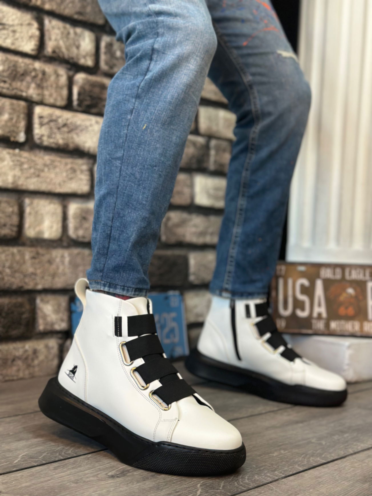 BA0142 Men's High Sole White Black Sport Boots with Straps