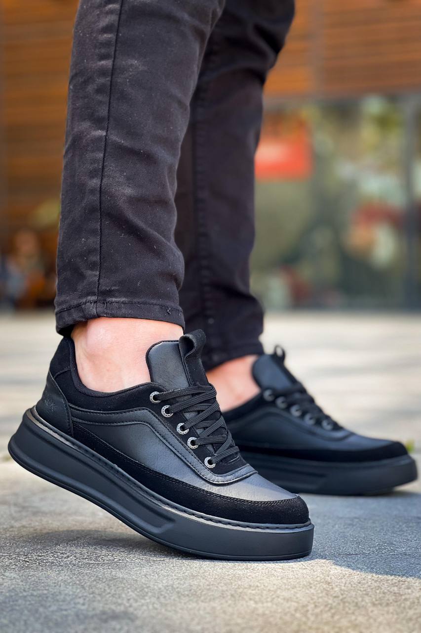 KB-006 Black Skin Black High Sole Lace-up Casual Men's Shoes