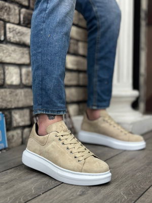 BA0547 BOA Thick High Sole Cream Suede Lace-Up Sneakers For Men