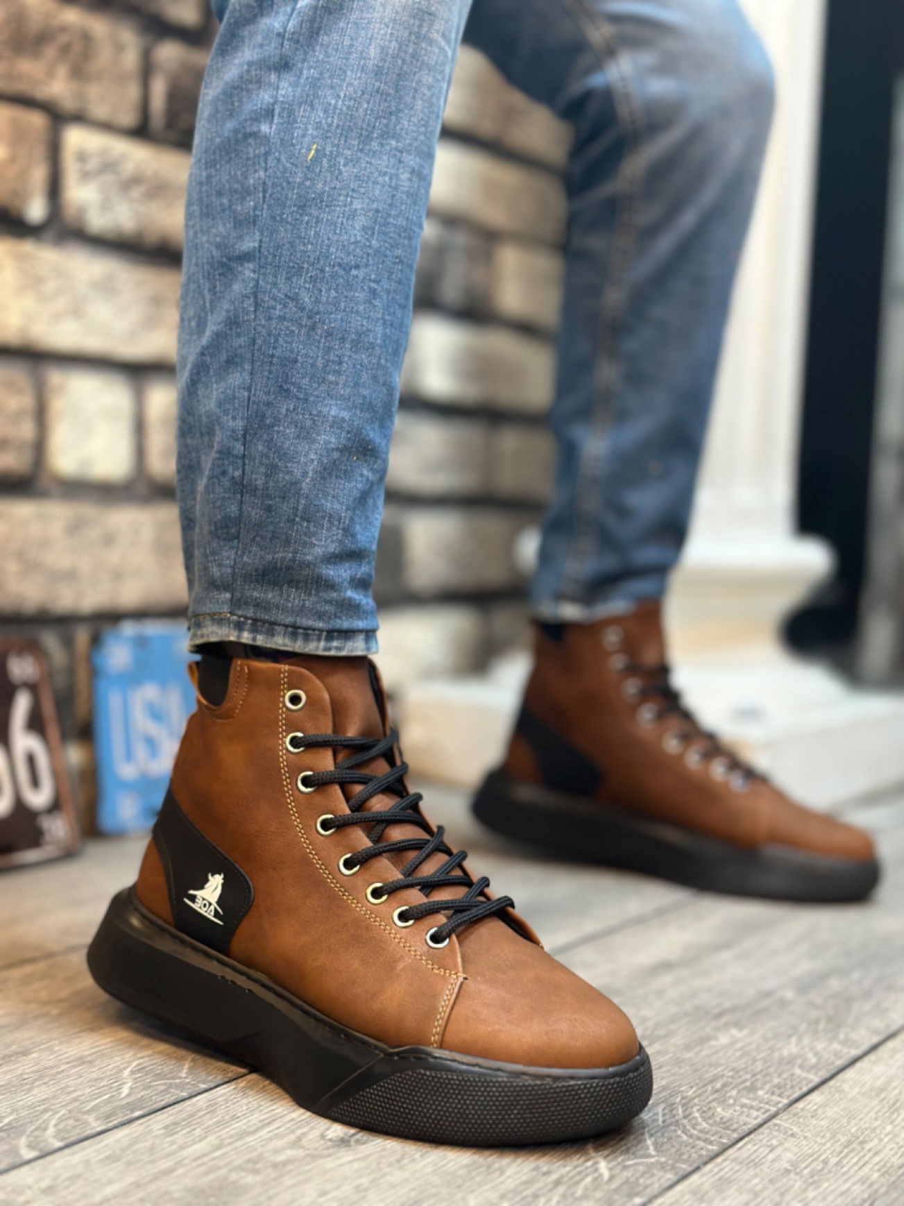 BA0155 Lace-up Men's High Sole Tan Sport Boots