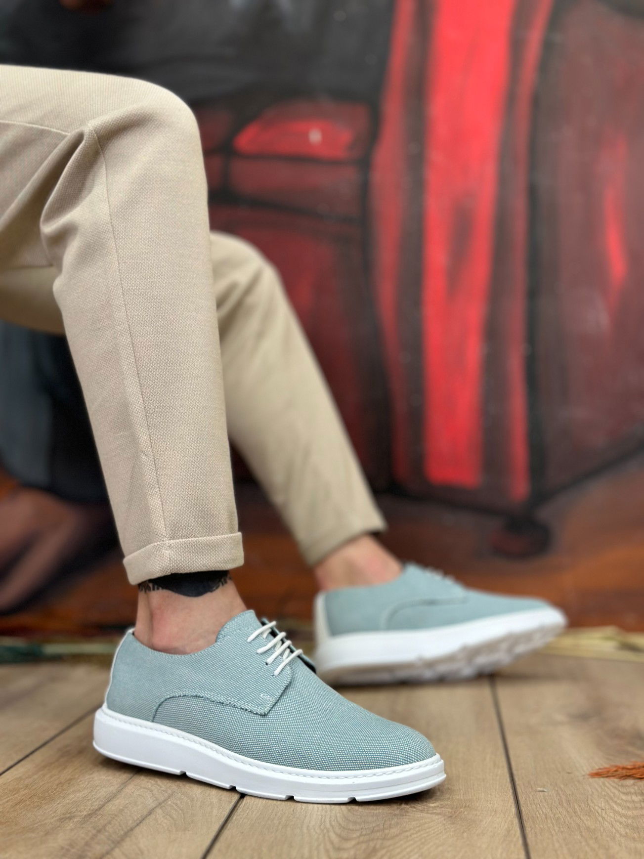 BA0003 Lace-up Classic Sport Linen Turquoise High Sole Casual Men's Shoes