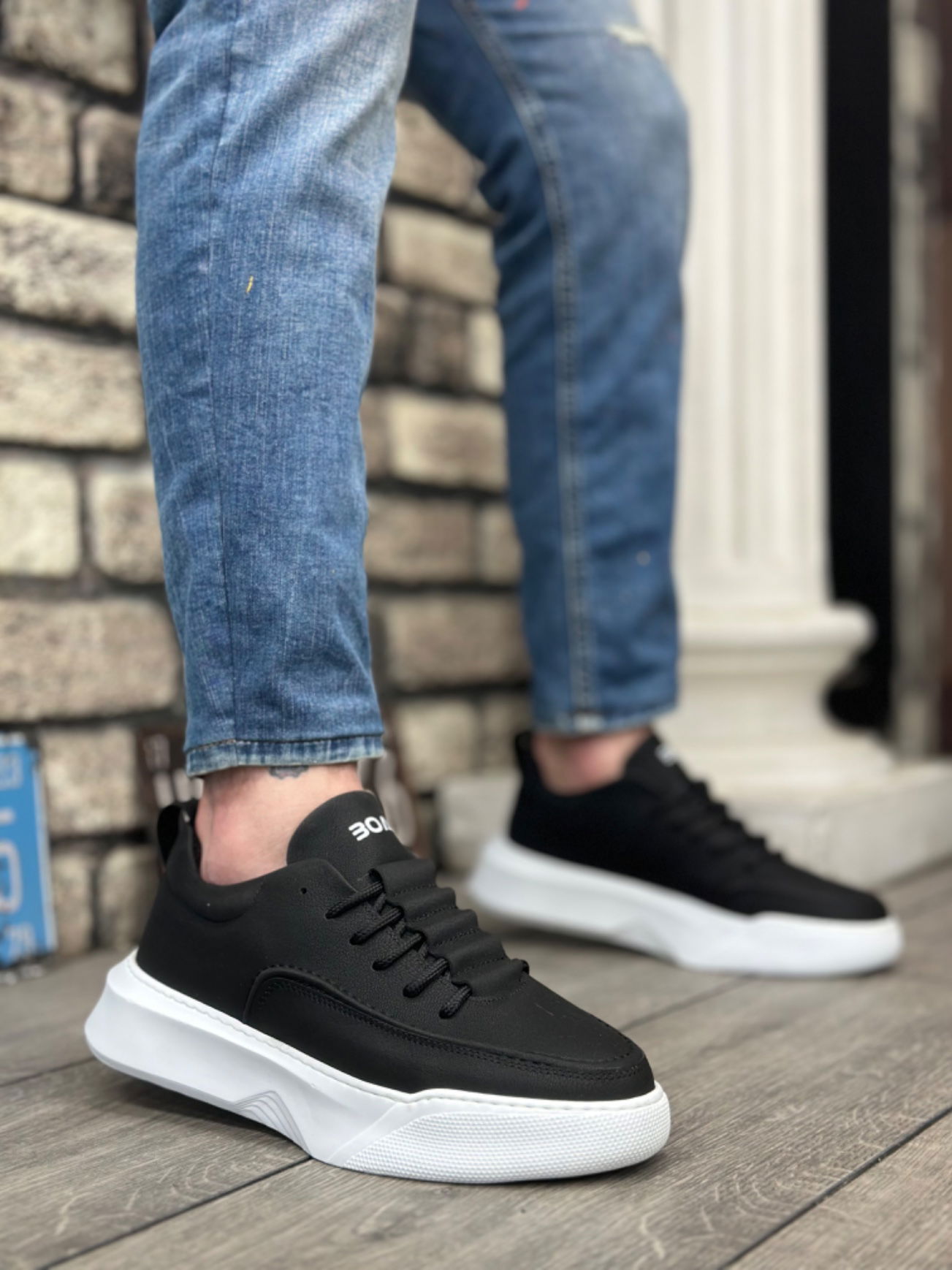 BA0332 Ladder Pattern Lace-up Men's High Sole Black Skin White Sole Sneakers