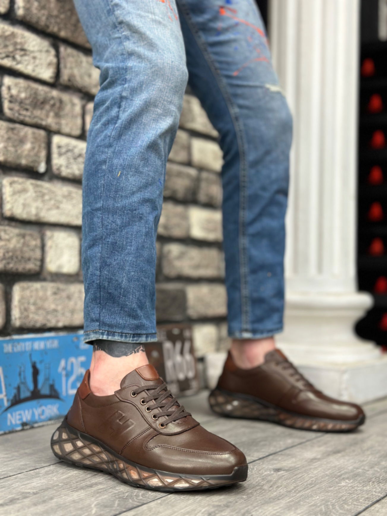 BA0346 Inside Out Genuine Leather Comfortable Sole H Detailed Brown Sneakers Casual Men Shoes