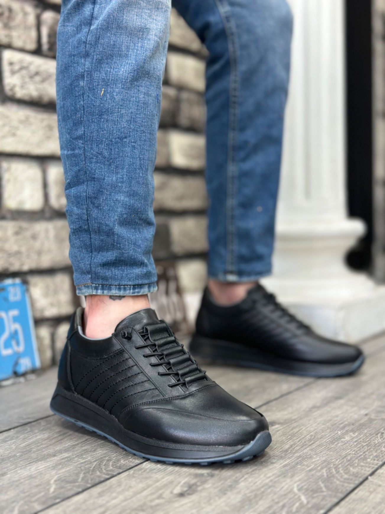 BA0325 Inside Out Genuine Leather Hidden Laces Casual Black Sneakers Casual Men Shoes