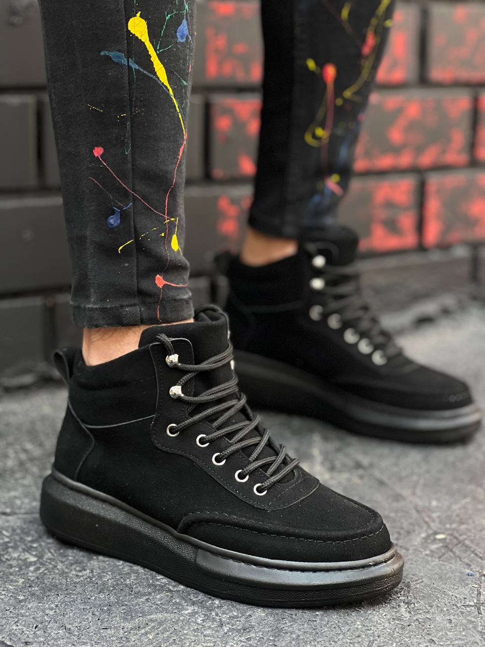 KB-0994 Black Suede Black High Sole Men's Ankle Boots