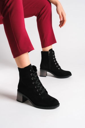 DIANA Lace-up Zippered Orthopedic Sole Water and Cold Resistant Heeled Suede Women's Boots ST Black