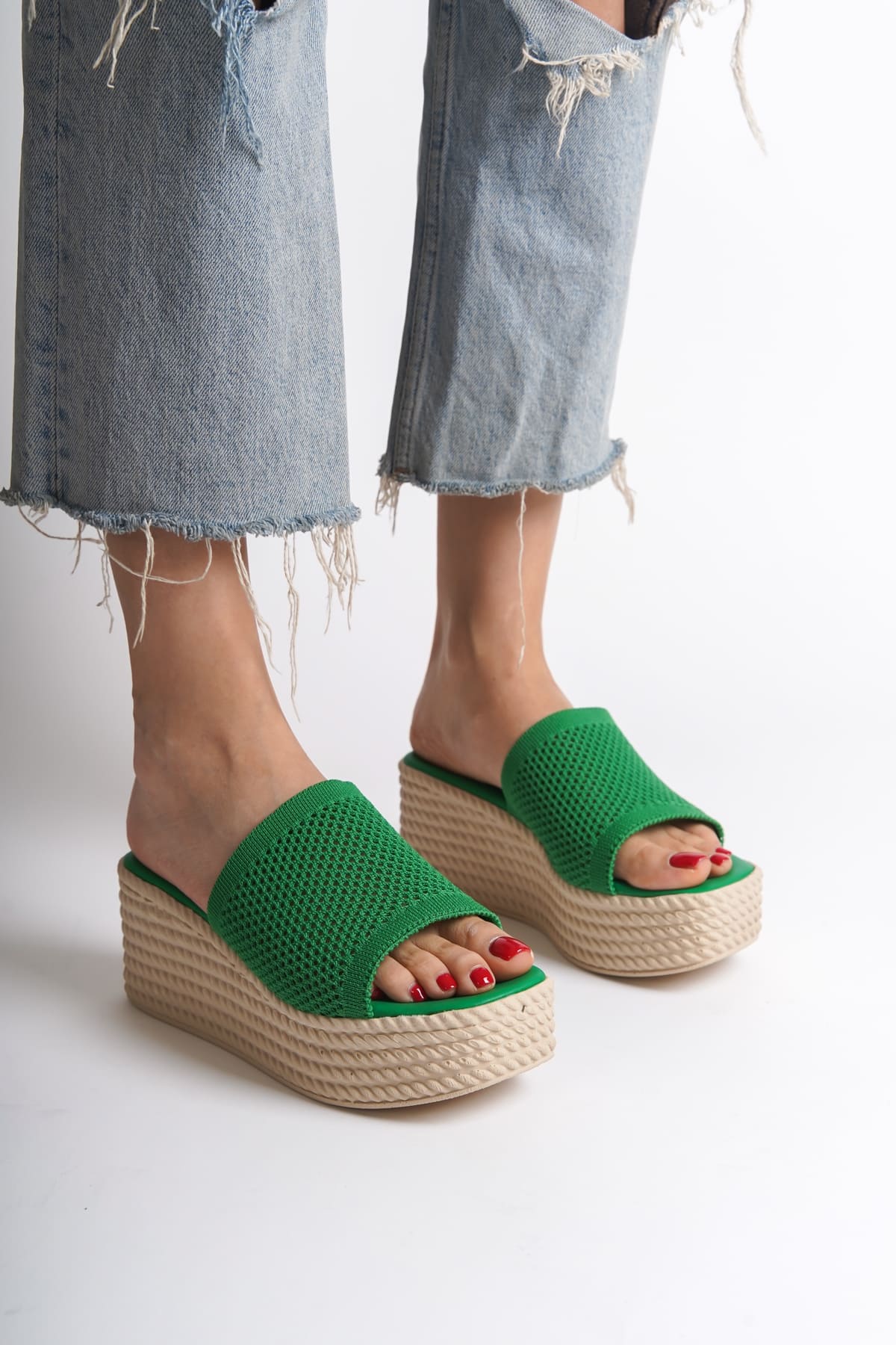 MARLA Filled Heeled Orthopedic Sole Straw Look Knitwear Women's Slippers KT Green