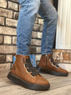 BA0142 Men's High Sole Brown Sport Boots with Straps