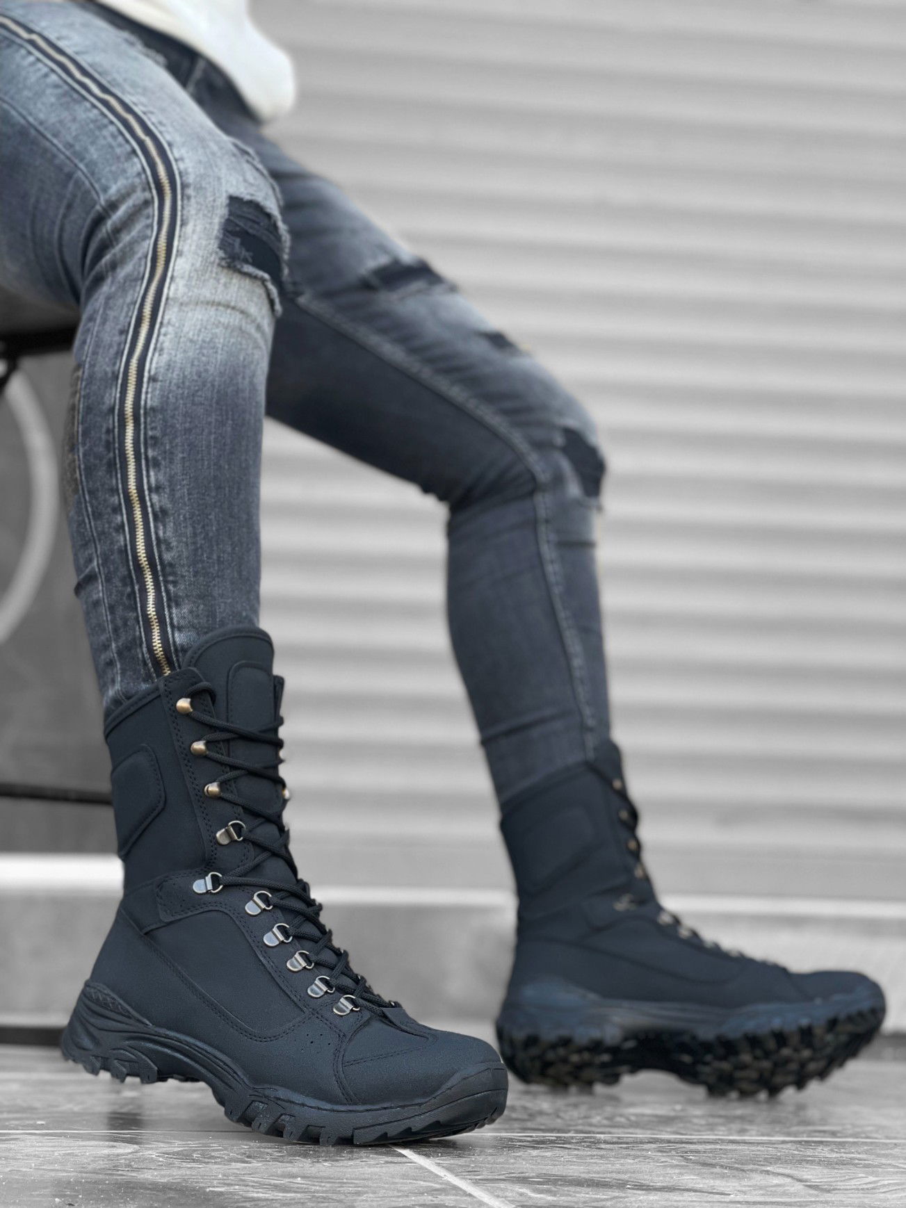 BA0605 Lace-up Black Nubuck Military Boots