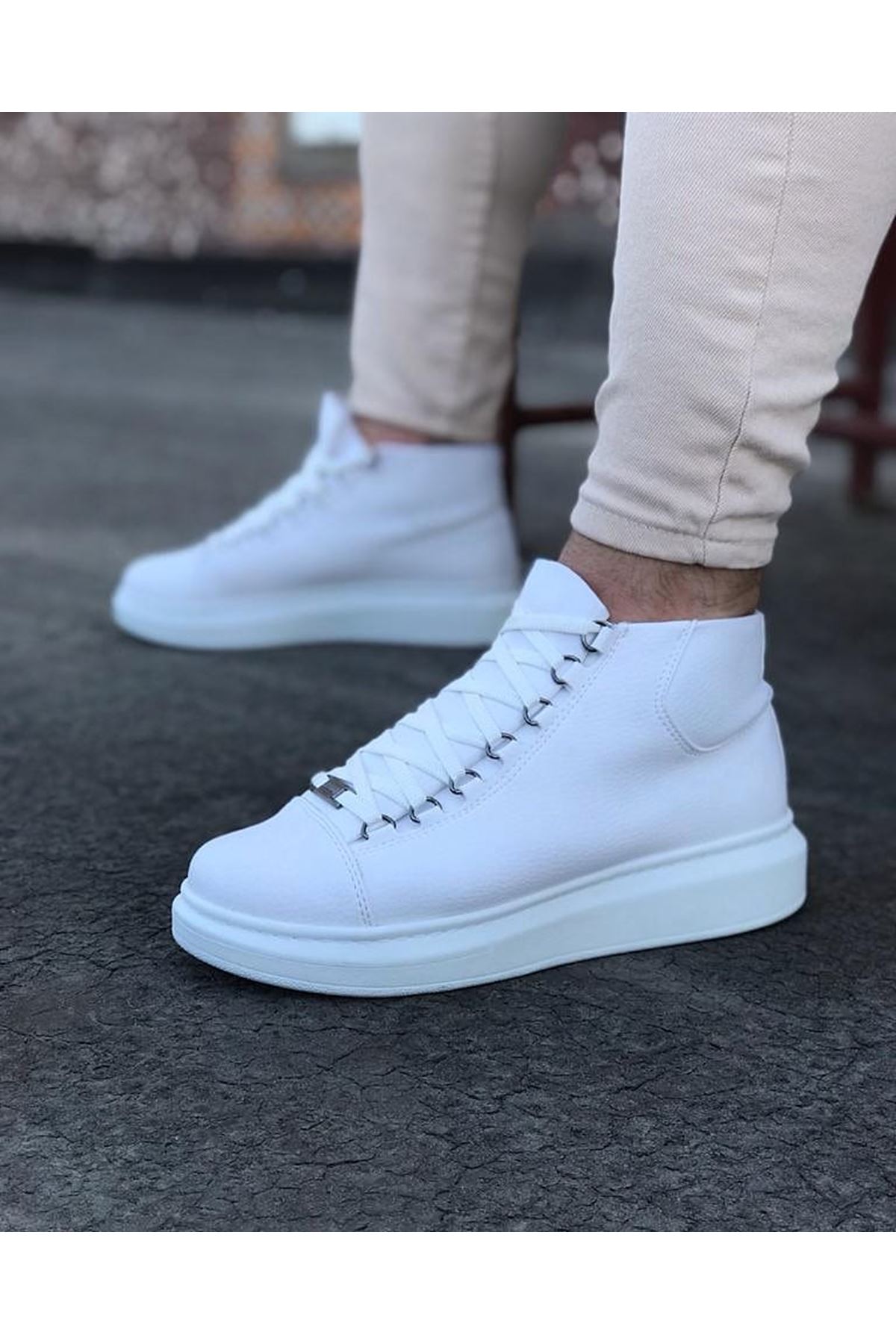 Wagoon WG032 White Lace-up Sneakers Ankle Boots