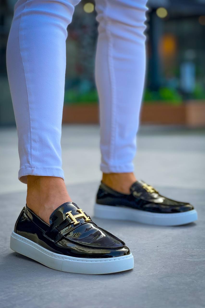 KB-027 Unlaced Black Patent Leather H Casual Men's Shoes