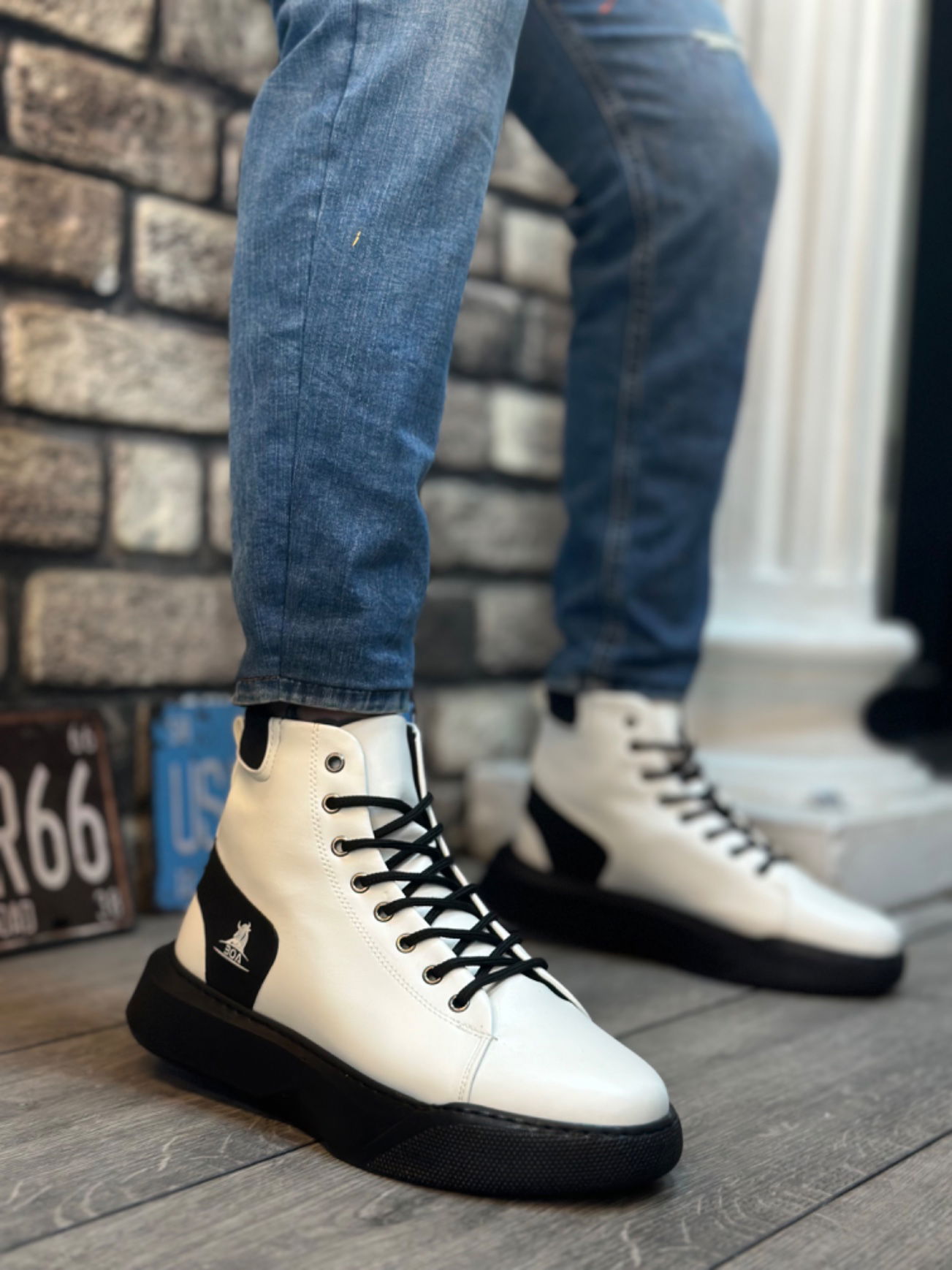 BA0155 Lace-up Men's High Sole White Black Sole Sport Boots