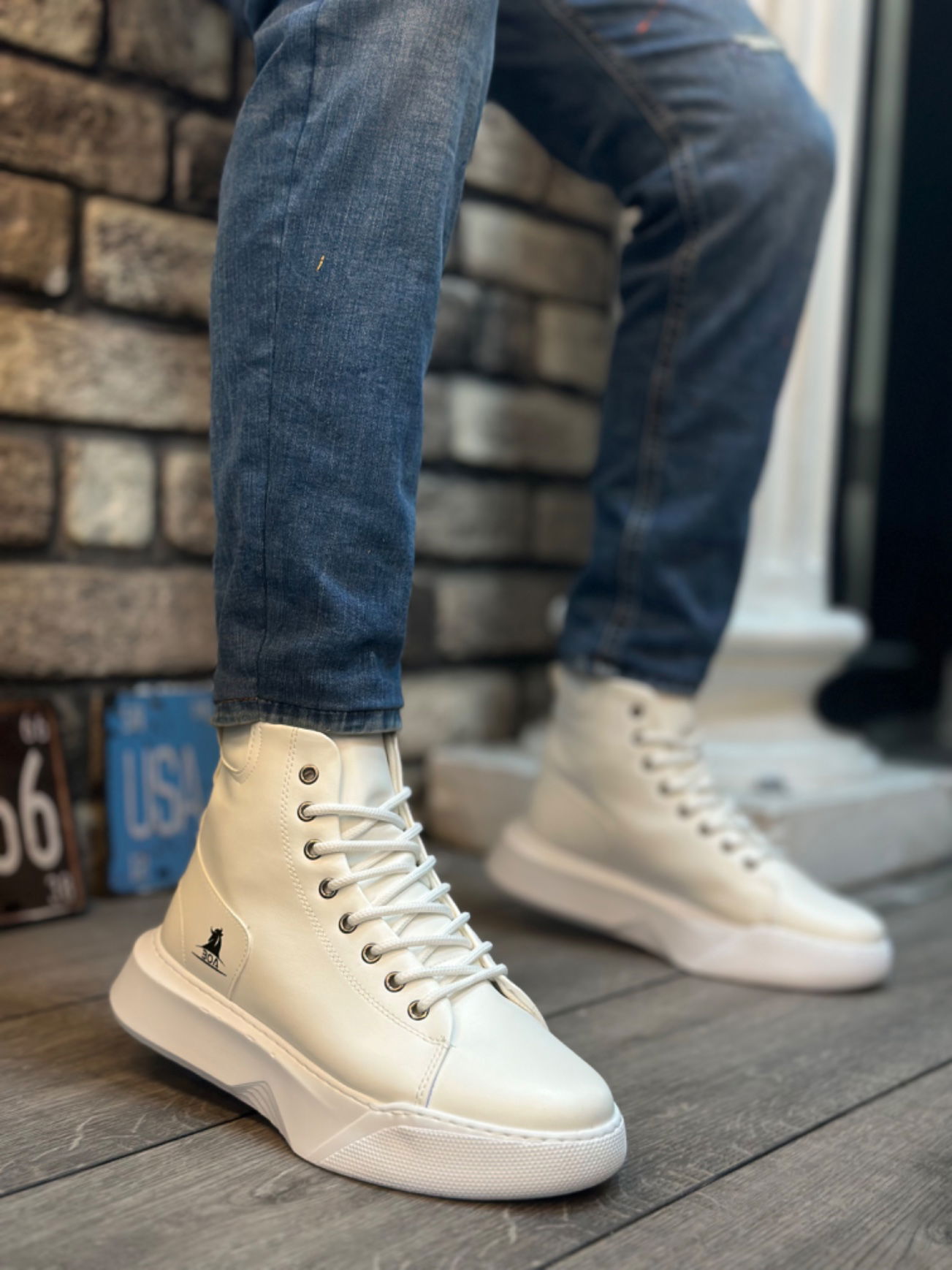 BA0155 Lace-up Men's High Sole White Sport Boots