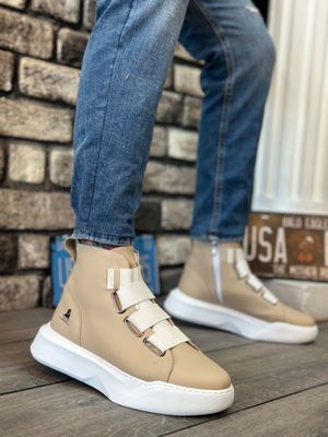 BA0142 Strappy Men's High Sole Cream White Sport Boots