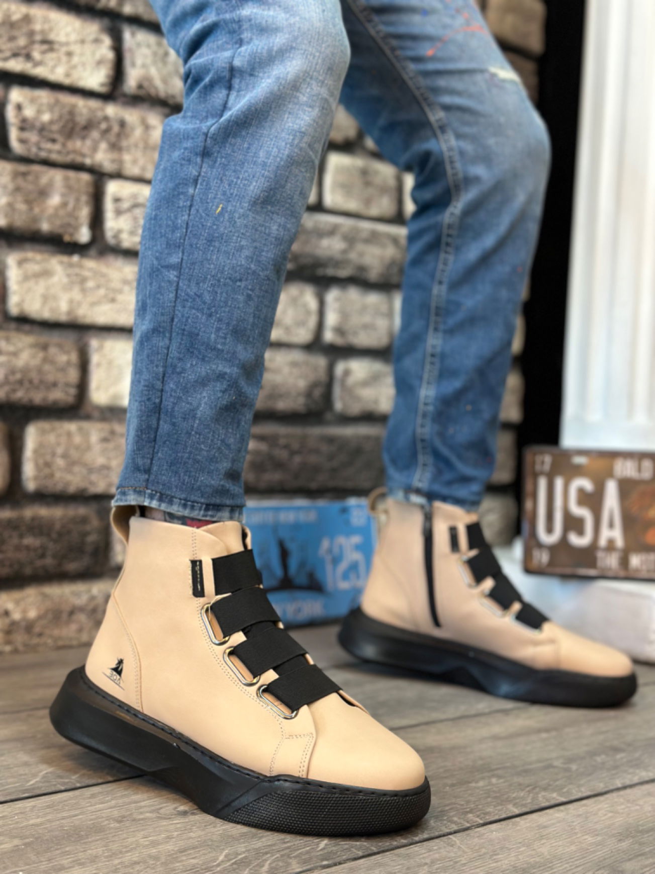 BA0142 Men's High Sole Cream Sport Boots with Straps