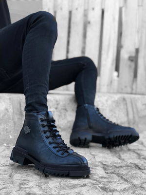 BA0217 Patterned Lace-up Zipper Buckle Black Men's Classic Sport Classic Ankle Boots