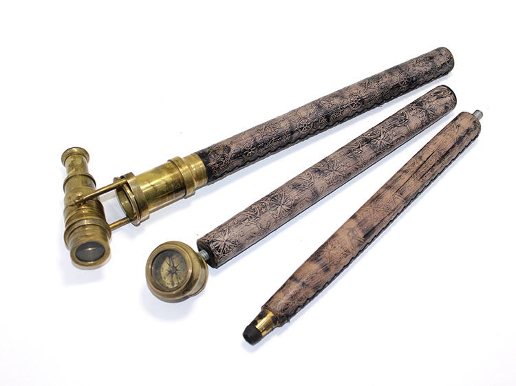 Leather Embroidered Brass Binoculars Compass Cane Model 16038