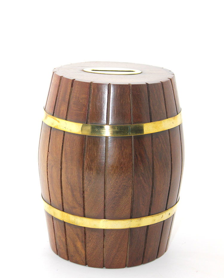 Brass Wooden Barrel Piggy Bank 15 Cm WB538