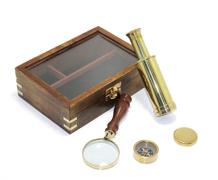 Brass Compass Binoculars And Magnifying Glass Set 15424 with Wooden Box