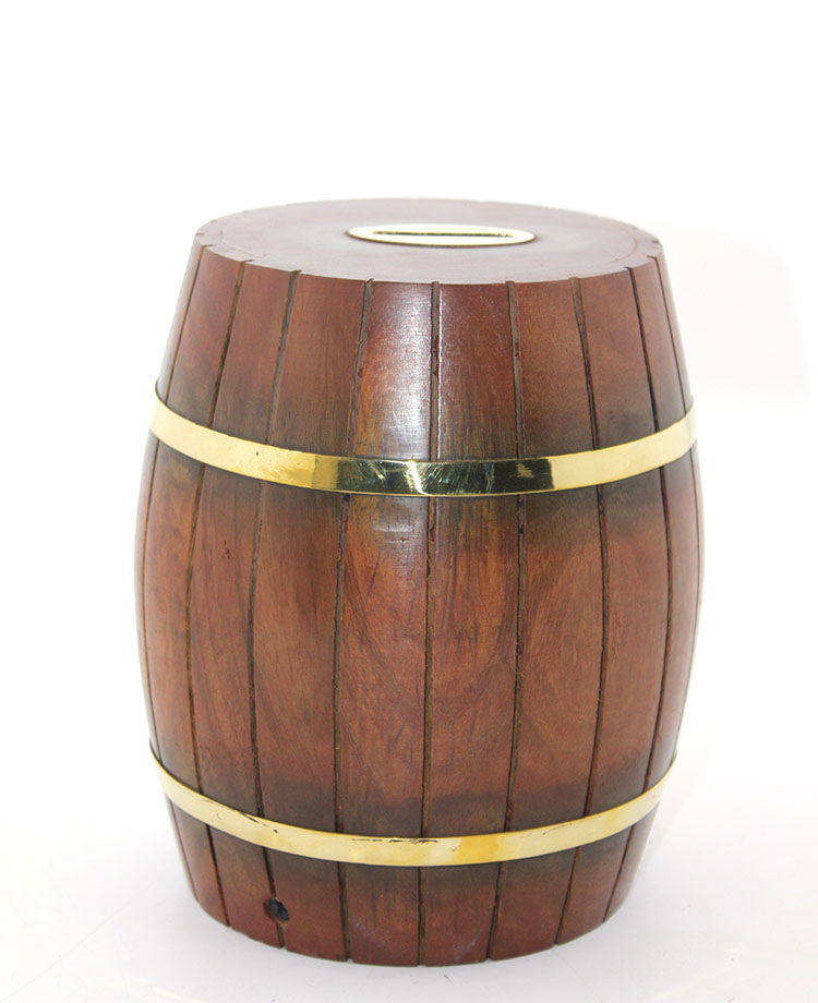 Brass Wooden Barrel Piggy Bank 18 Cm WB536