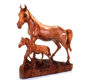 Wooden Hand-Carved Horse with Kittens No:3